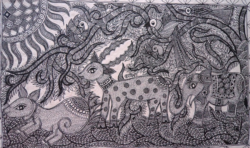 buy mithila painting of forest scene