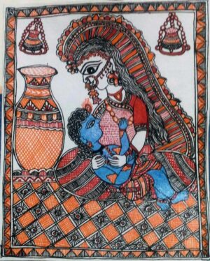 Greeting Card with Mithila Painting Krishna and Yasoda