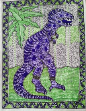 Greeting Card with Mithila Painting of Dinosaur