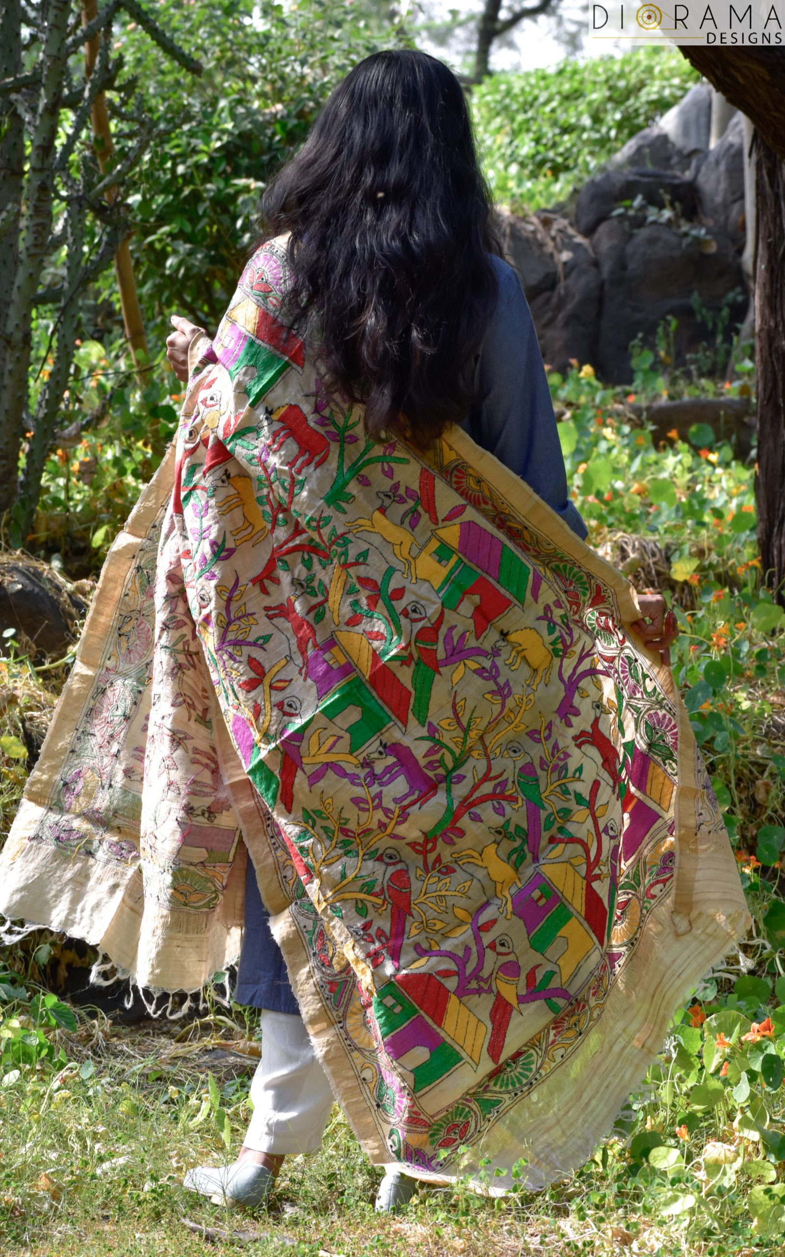 Kantha Stitch Hand Embroidered Tussar Silk Dupatta