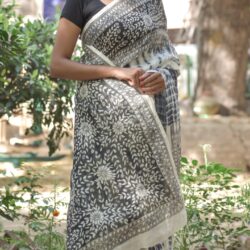 Women's Madhubani Painting Shibori Tie & Dye Linen Saree