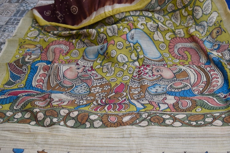 Hand Painted Bandhani Kalamkari Munga Silk Saree