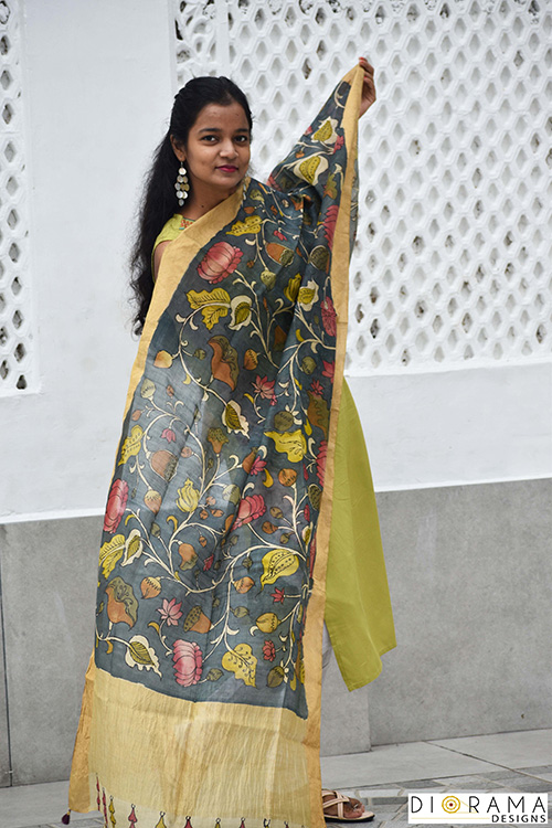 Kalamkari Bandhani Munga Silk Handpainted Dupatta