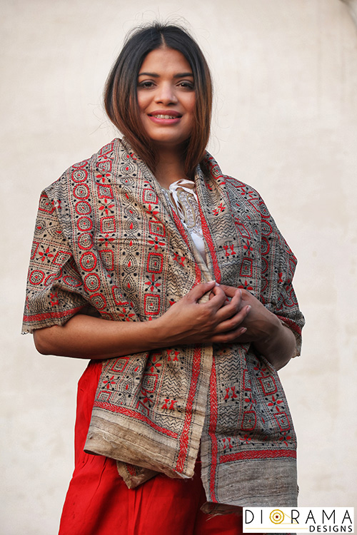 Kantha Stitch Hand-Embroidered Tussar silk Stole