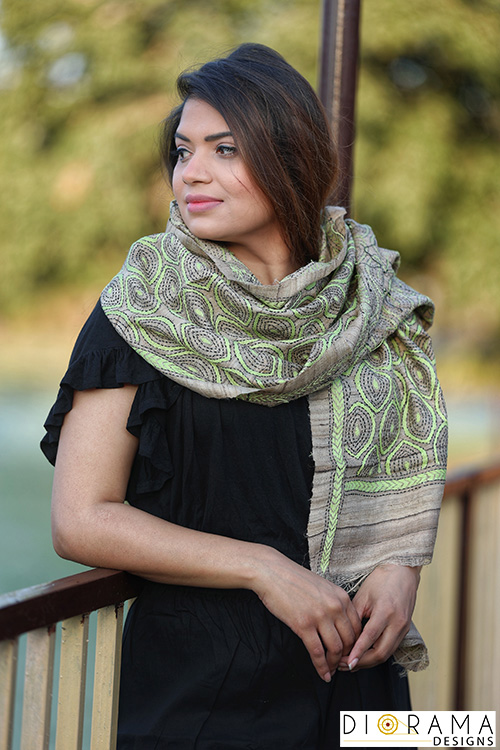 Kantha Stitch Hand-Embroidered tussar silk Stole
