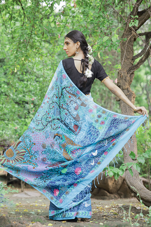buy mithila painting linen saree online