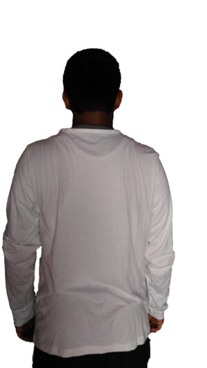 White Henley Neck Cotton T-Shirt with Madhubani Painting