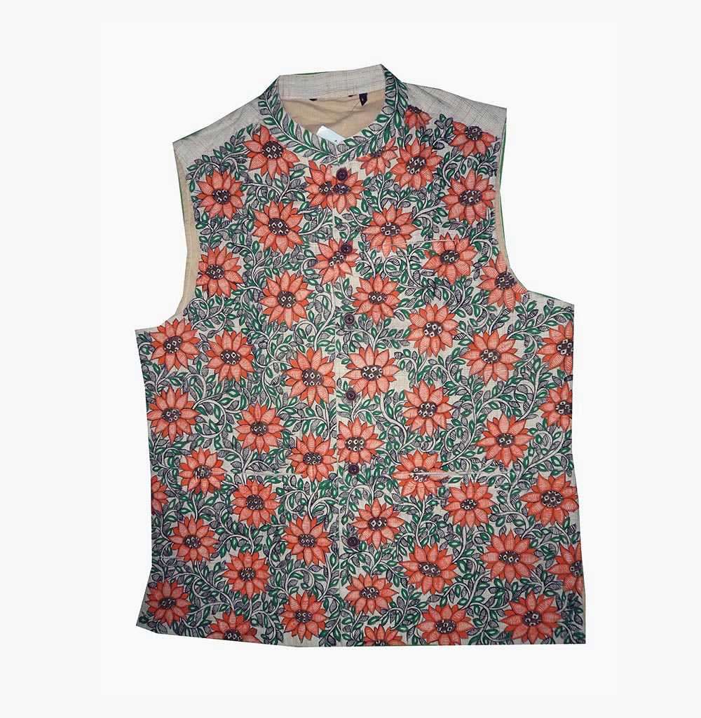 Waistcoat for men hand-painted with mithila painting