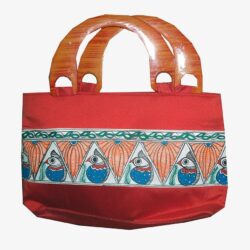 Red Hand Bag Hand-painted with Mithila Painting